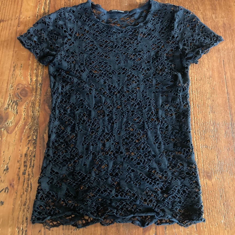 Calvin Rucker/Revolve Black Distressed Net Short Sleeve Top Possible Size XS/S
